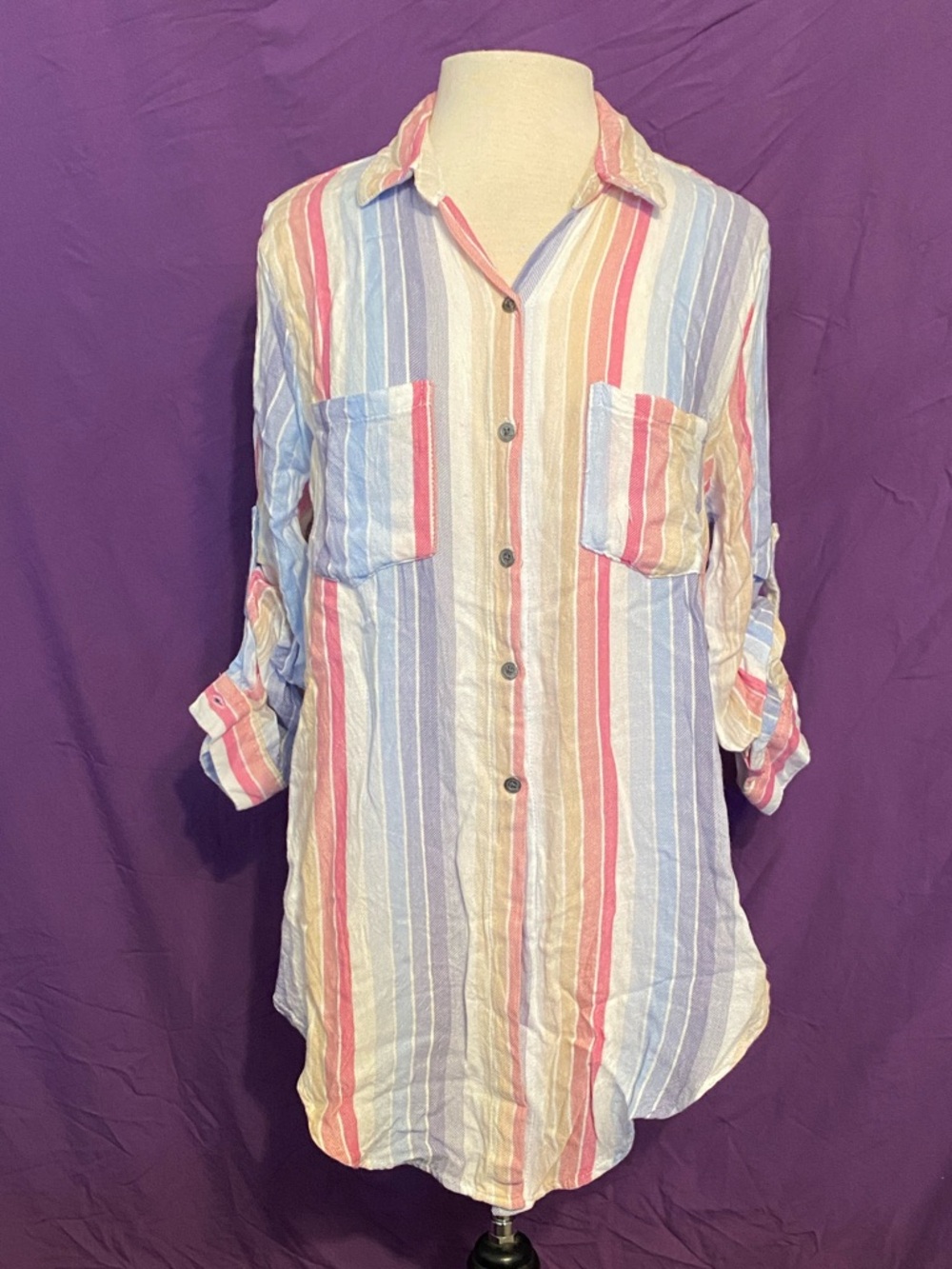 Vintage Havana Pink/Blue/Cream Striped Button-Up with Criss-Cross Back. Size L.